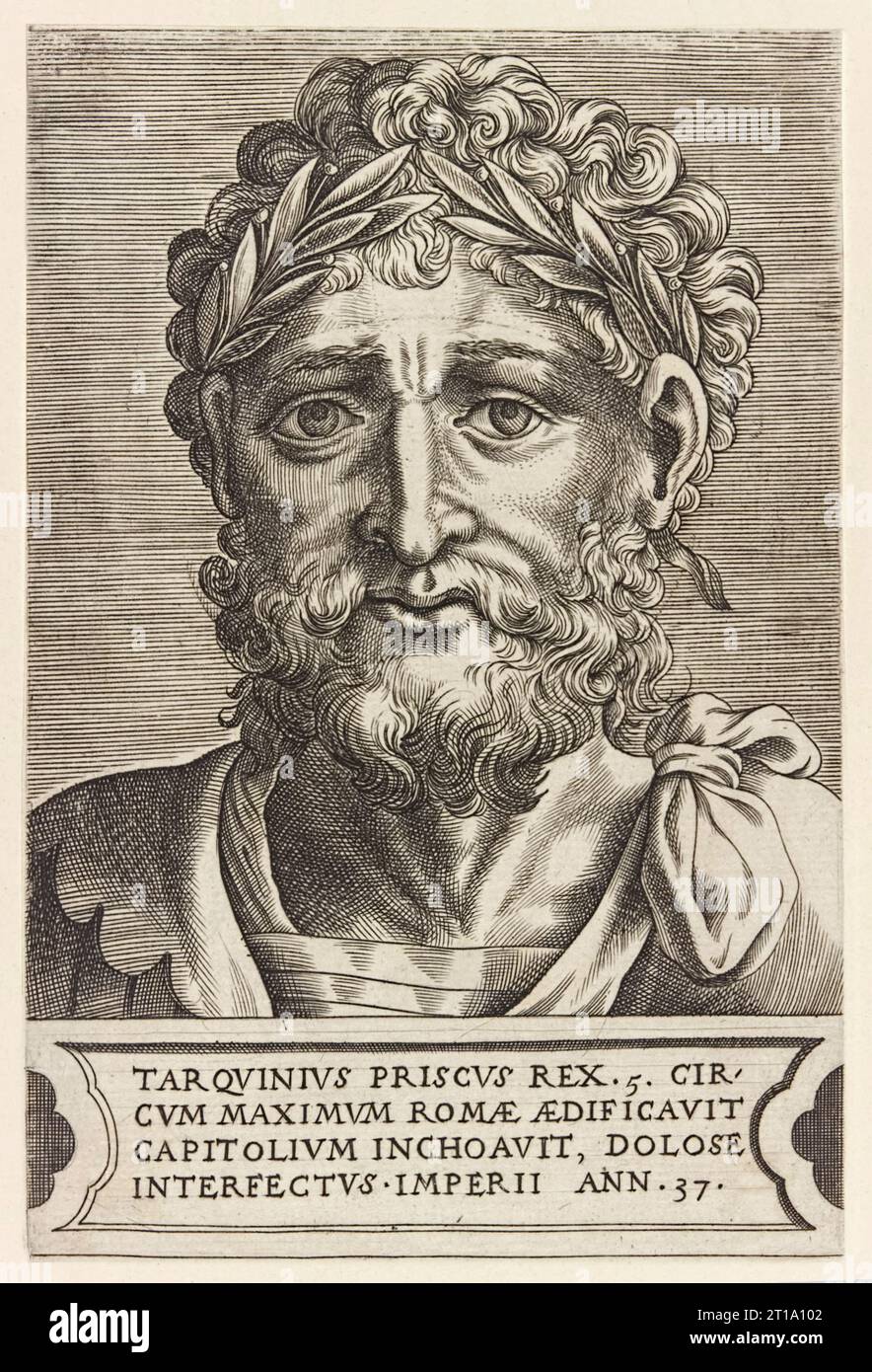 Lucius Tarquinius Priscus (Regierungszeit ca. 616–578 v. Chr.) fünfter König von Rom, Stich von Frans Huys (ca. 1522–1562) von römischen Kaisern und Kaisern, veröffentlicht 1550. Stockfoto