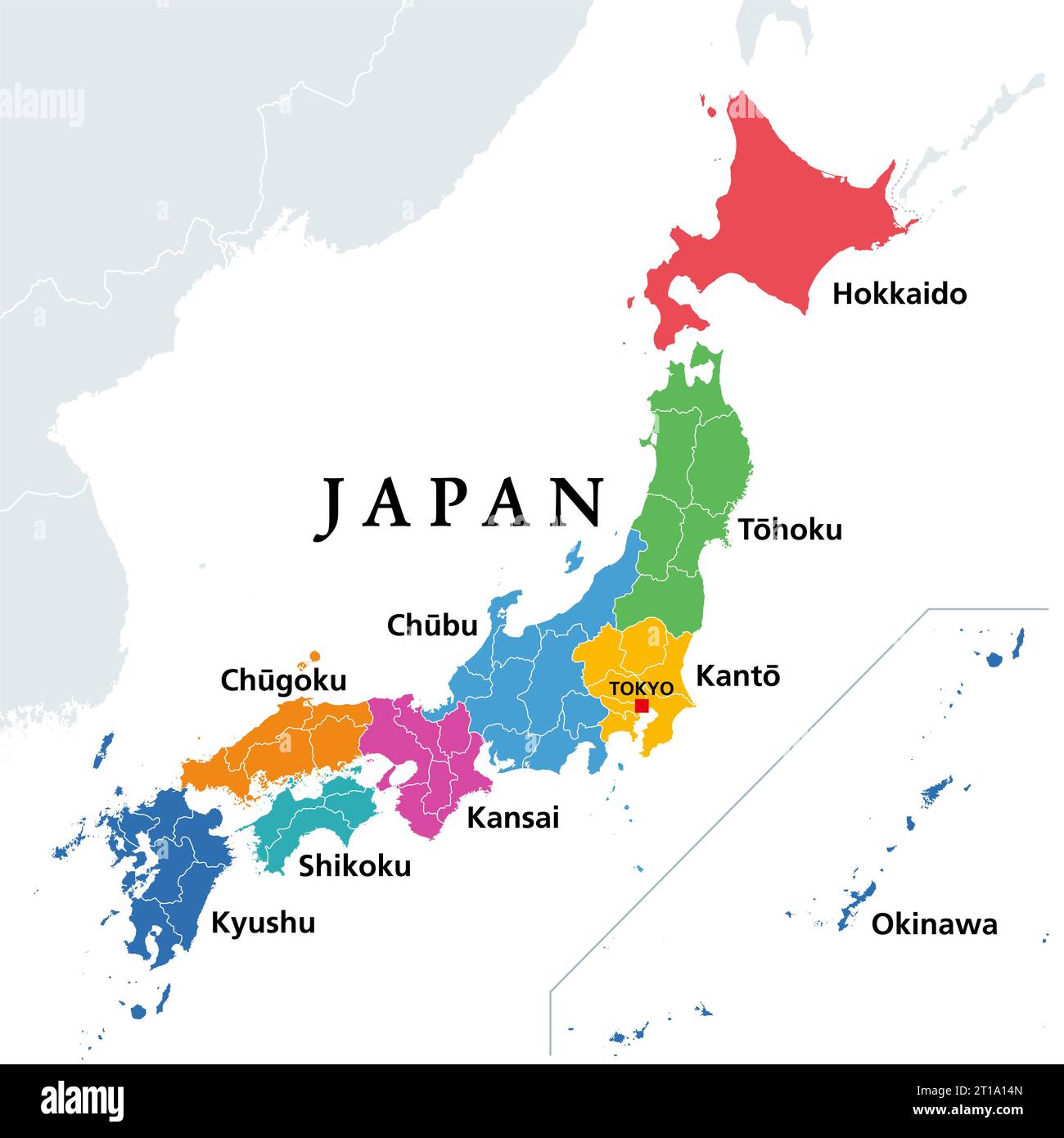 Die acht Regionen Japans, politische Karte. Traditionelle Einheiten, mehrfarbig und für statistische und andere Zwecke verwendet. Stockfoto