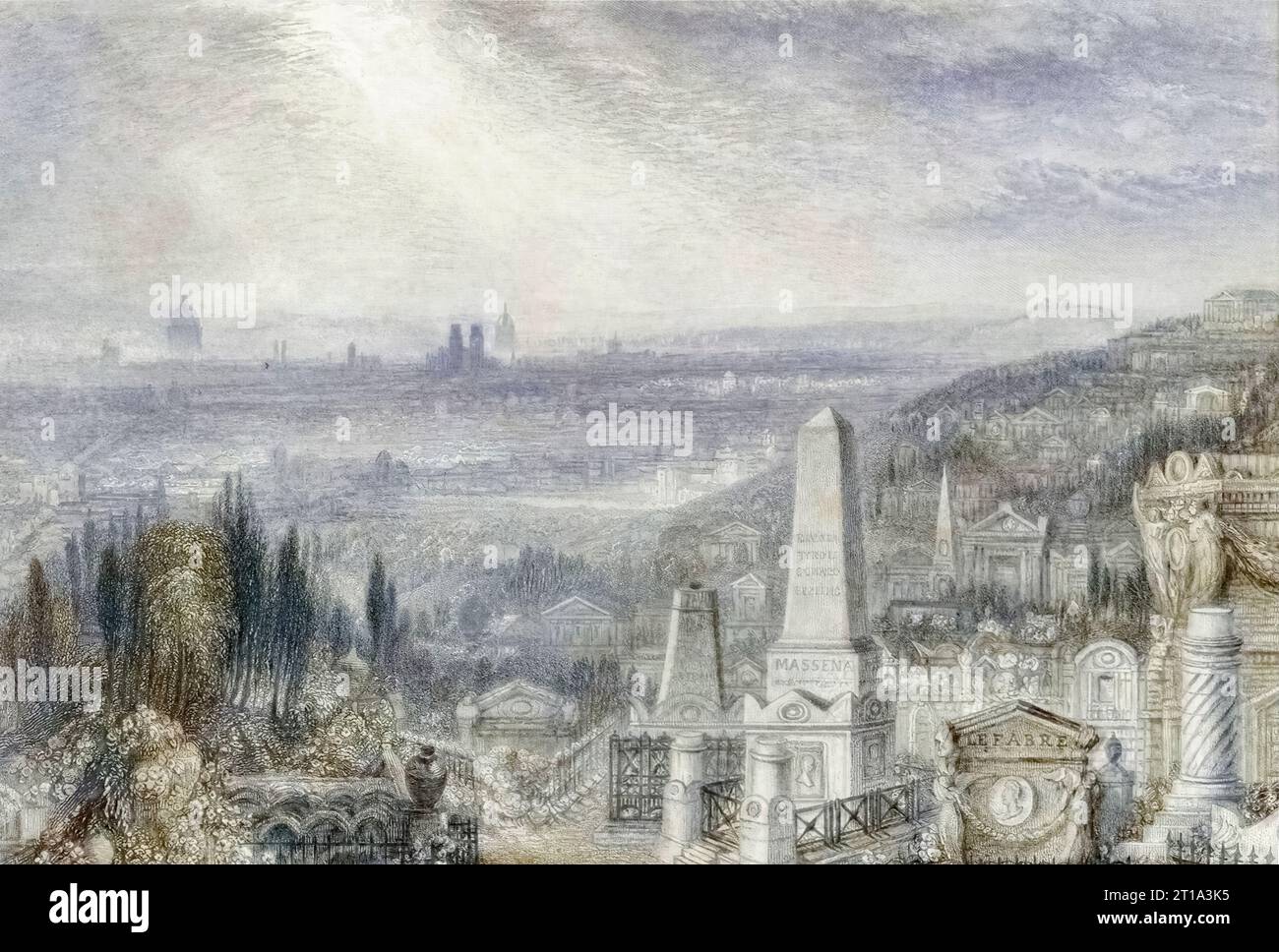 Ansicht von Paris vom Friedhof Pere-la-Chaise, handkolorierter Kupferstich von William Miller (1796–1882) nach einem Aquarell von J. M. W. Turner (1775-18510 veröffentlicht 1885) aus dem Jahr 1833. Stockfoto