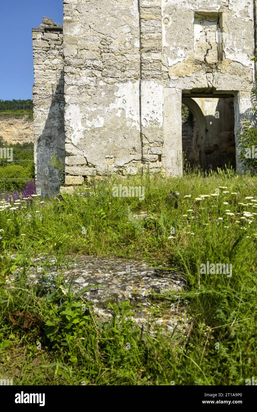 Teil der Mauer eines alten Steingebäudes, das durch die Zeit zerstört wurde, mit einem Fenster und einem Eingang, einer Tür. Der Weg zum Haus ist mit Gras bewachsen Stockfoto Teil der Mauer eines alten Steingebäudes, das durch die Zeit zerstört wurde, mit einem Fenster und einem Eingang, einer Tür. Der Weg zum Haus ist mit Gras bewachsen Stockfoto