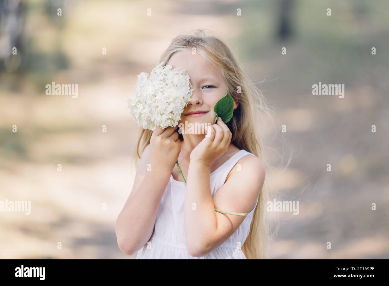 Porträt eines jungen, schönen Mädchens, das einen Teil ihres Gesichts hinter einer Hortensie und einem grünen Blatt versteckt, lächelnd. Horizontaler Rahmen. Stockfoto