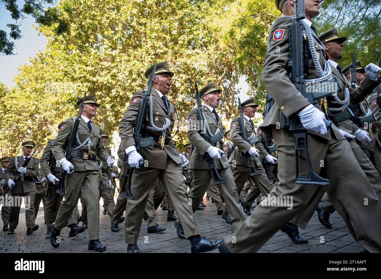 Madrid, Spanien. Oktober 2023. Spanische Truppen nehmen an der Militärparade zum spanischen Nationalfeiertag Teil. Die jährliche Militärparade zum Nationalfeiertag wird am 12. Oktober 2023 in Madrid, Spanien, gefeiert. (Foto: Miguel Candela/SOPA Images/SIPA USA) Credit: SIPA USA/Alamy Live News Stockfoto