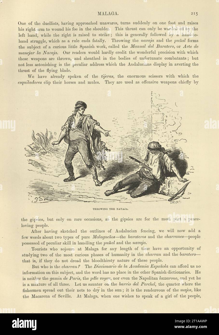 Zwei spanische Männer kämpfen ein Duell mit Navaja-Messern, Page aus Spanien von Baron K. D'Avillier illustriert von Gustave Dore, spanische Geschichte 19. Jahrhundert Stockfoto