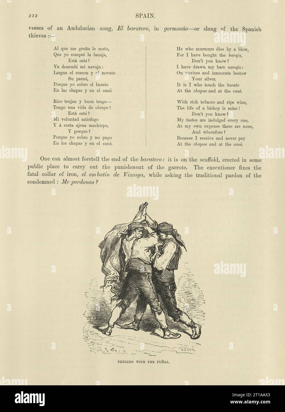 Zwei spanische Männer kämpfen mit Dolchen, die mit dem Stampfer kämpfen, Page aus Spanien von Baron CH. D'Avillier illustriert von Gustave Dore, spanische Geschichte 19. Jahrhundert Stockfoto