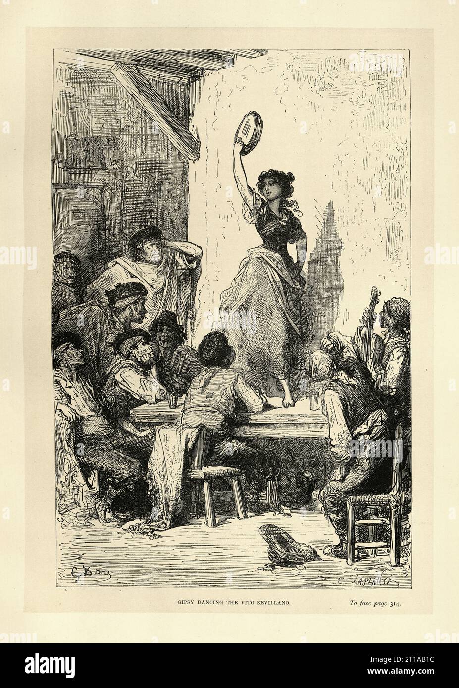 Vintage-Illustration von Gustave Dore, Romani-Frau tanzt den Vito sevillano, Sevilla, Spanien 19. Jahrhundert. Stockfoto