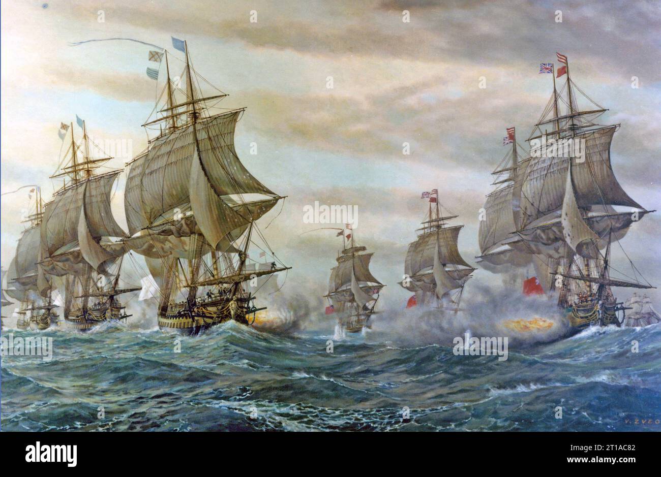 SCHLACHT AM CHESAPEAKE AM 5. SEPTEMBER 1781. Britische Linie rechts feuert auf die Franzosen Stockfoto