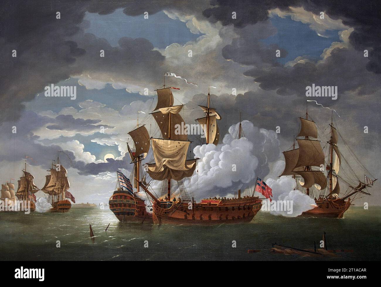 SCHLACHT VON FLAMBOROUGH HEAD 23. SEPTEMBER 1779. Gemälde von Richard Paton mit dem Titel „Defence of Captn Pearson in His Majesty's Ship Serapis and the Countess of Scarborough Arm'd Ship Captn Piercy, Against Paul Jones's Squadron, 23 September 1779“ Stockfoto