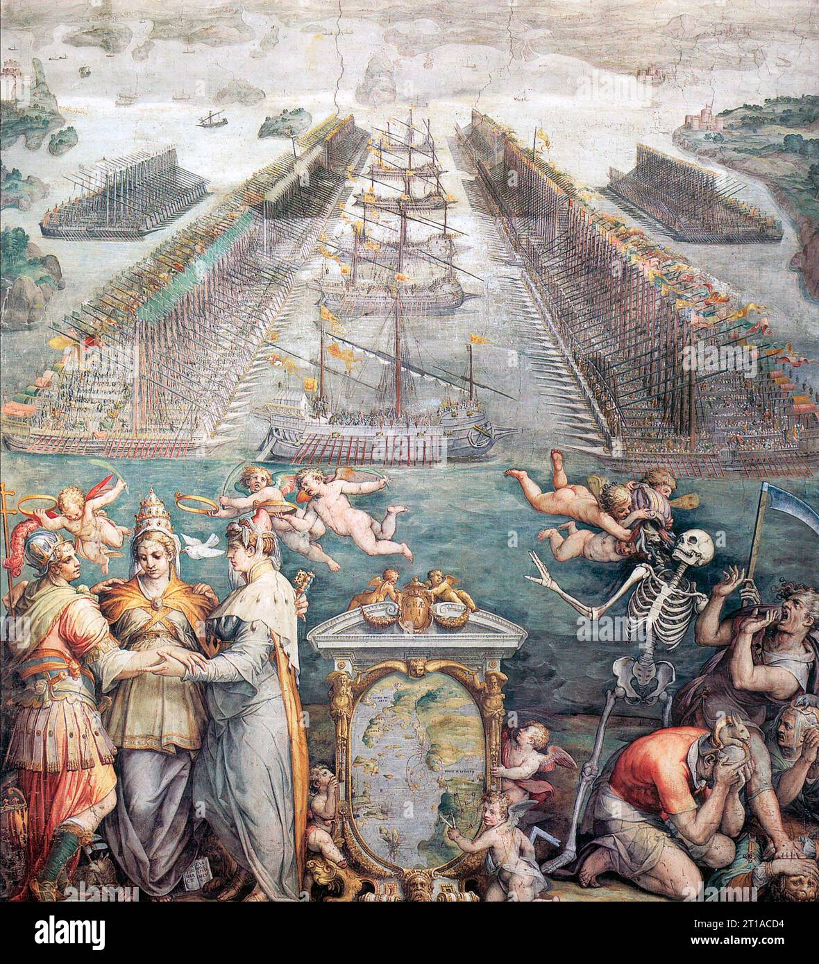 SCHLACHT VON LEPANTO am 7. Oktober 1571 in einem Fresko von Giorgio Vasari aus dem Jahr 1572. Die drei Mitglieder der Heiligen Liga sind als Allegorie unten links dargestellt Stockfoto