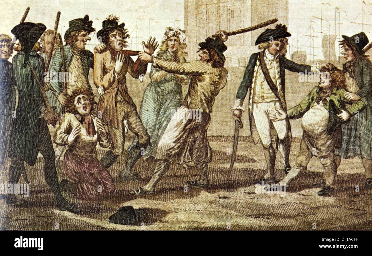 CBRITISH NAVY PRESSE GANG in einem Cartoon von 1780 Stockfoto