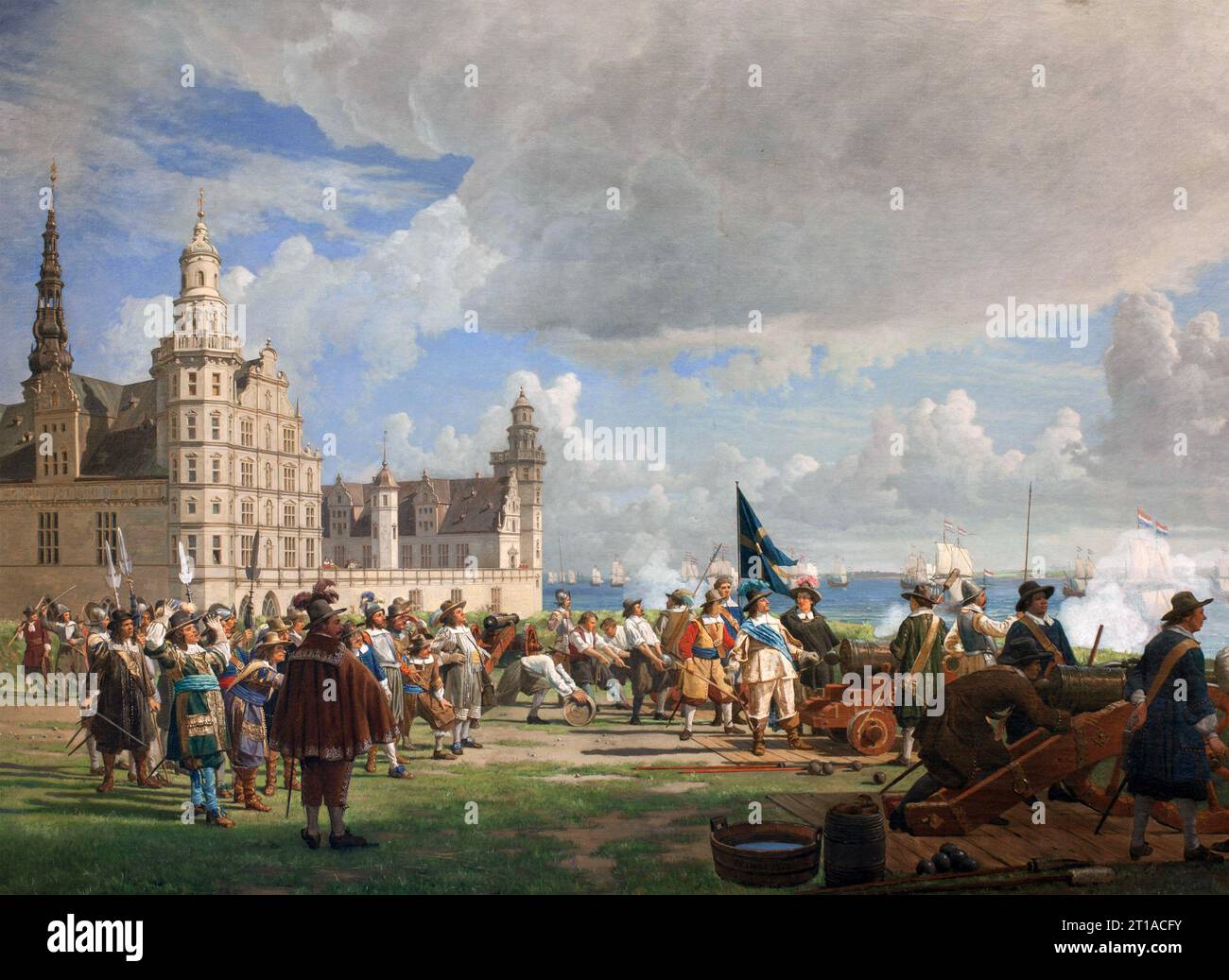 BATTLE OF THE SOUND 8. NOVEMBER 1658. Die holländische Flotte kommt am Schloss Kronborg vorbei, beobachtet von König Karl X. Gustav von Schweden, um Kopenhagen zu entlasten. Gemälde von Frederik Lund (1872) Stockfoto