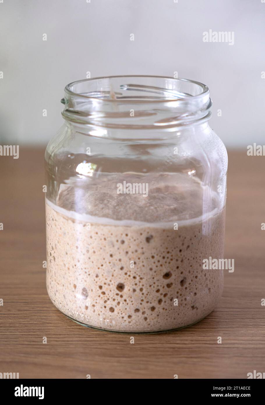 Der Prozess der Gärung von hausgemachtem Sauerteigbrot. Vollkornvorspeise für Brot. Stockfoto