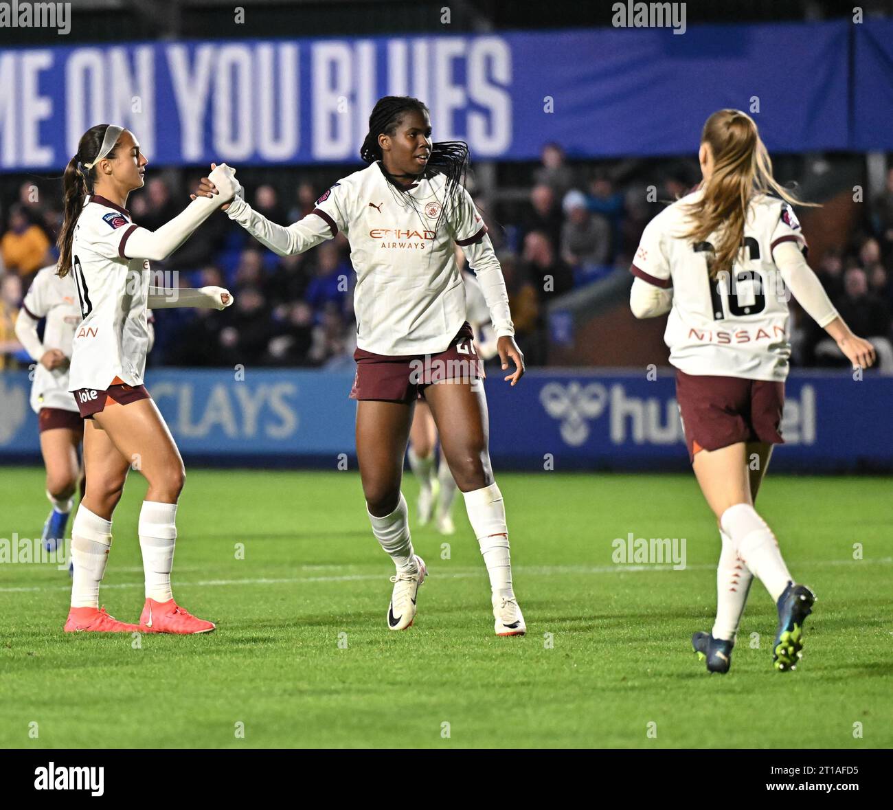 Walton Hall Park, Liverpool, Merseyside, England. Oktober 2023. Khadija Shaw #21 von Manchester City Women feiert ihr Tor, während Everton Women V Manchester City Women in der FA Women's Continental Tyres League Cup Gruppe B. (Bild: ©Cody Froggatt/Alamy Live News) Stockfoto