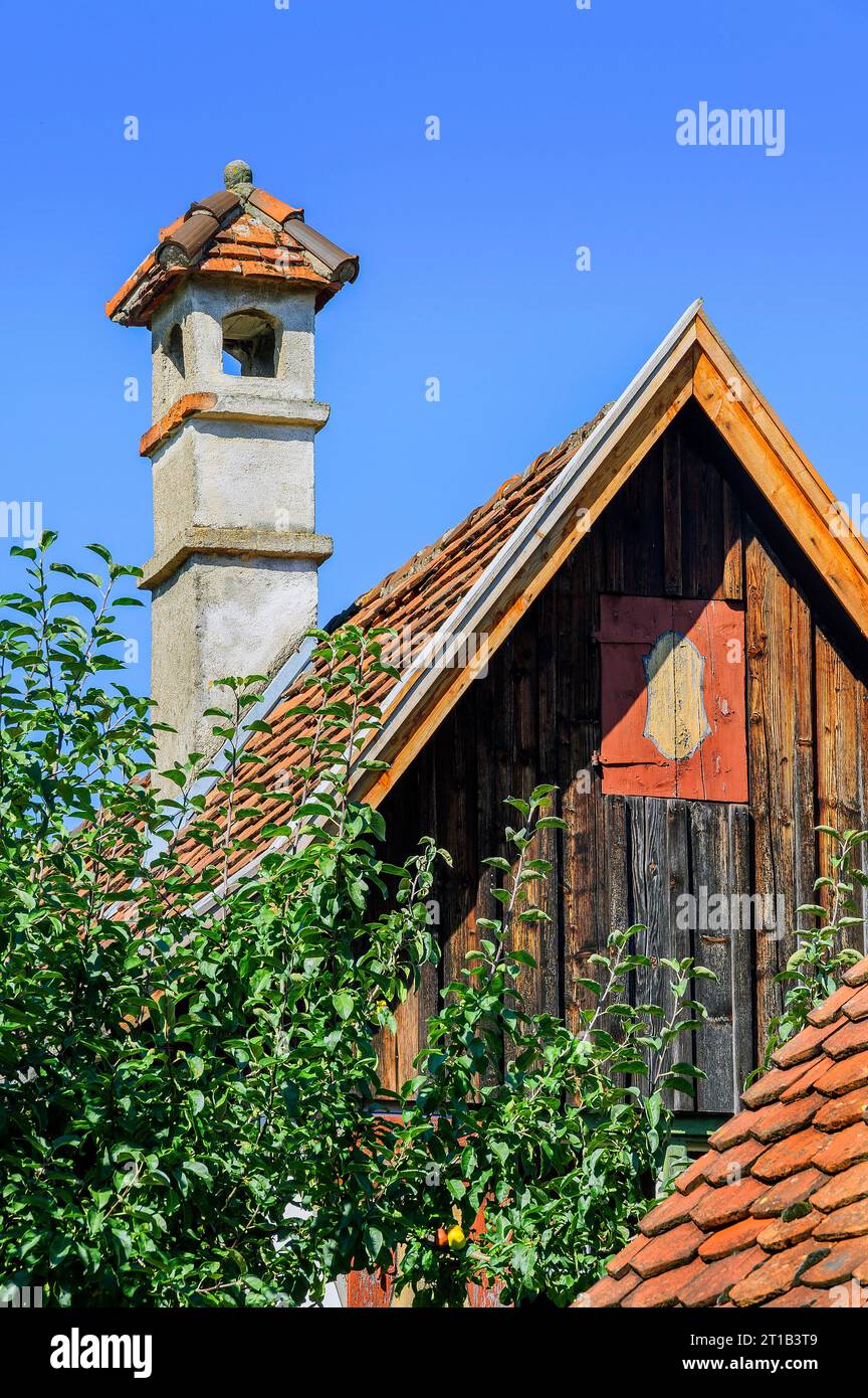 Spitzgiebel mit Holzfassade und gemauertem Kamin im Bauernmuseum Illerbeuren, Schwaben, Bayern, Deutschland Stockfoto
