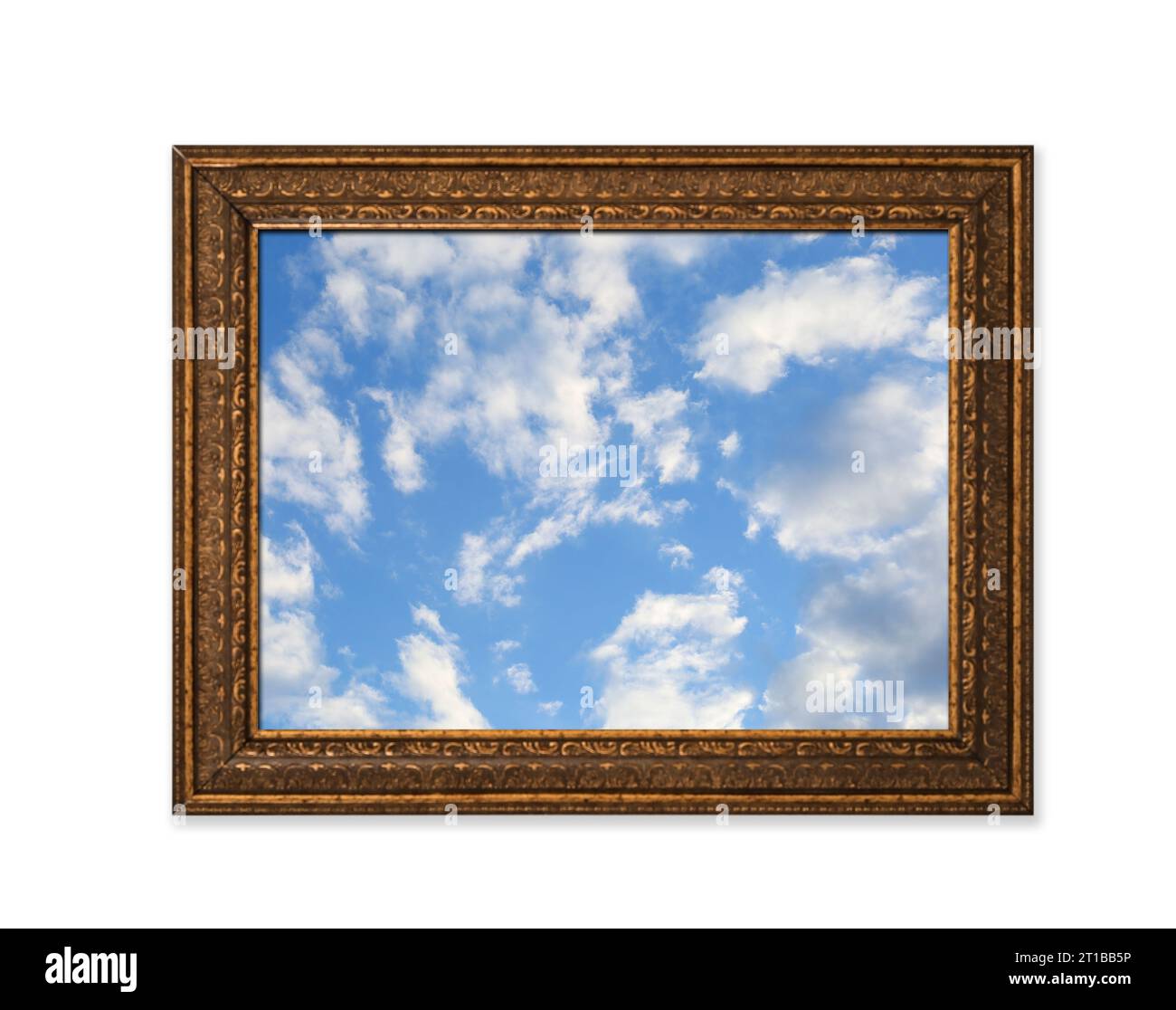 Wunderschöner Rahmen mit Foto von Himmel und Wolken isoliert auf weiß Stockfoto