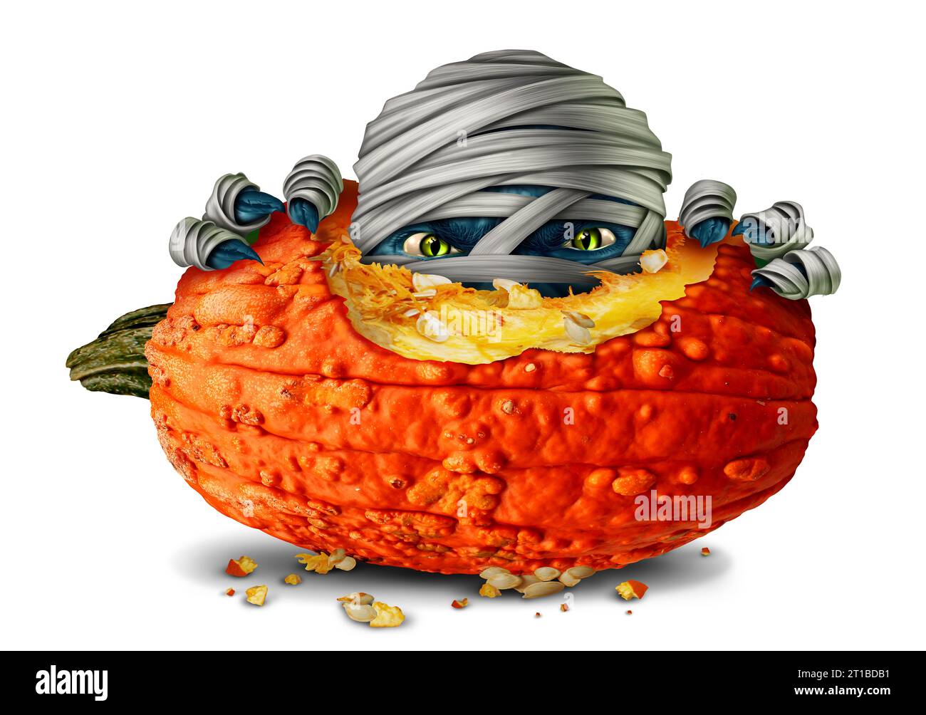Mama und Zombie als halloween-Monster essen ein orangenes Herbstpumpkinin in 3D-Illustrationsstil auf weißem Hintergrund. Stockfoto