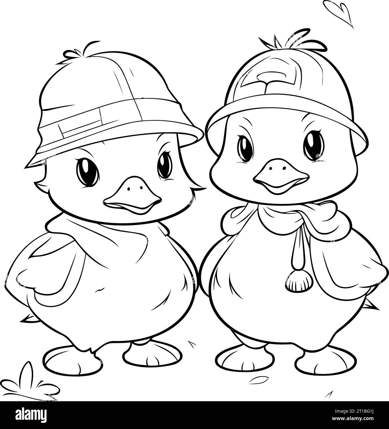 Ausmalseite Umriss Von Zwei Niedlichen Baby-Enten-Zeichentrickfiguren Stock Vektor