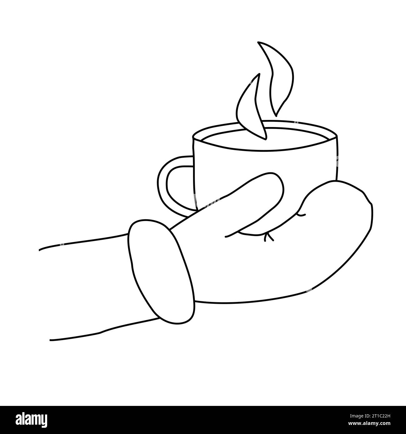 Hand im Fäustling, der eine Tasse Kaffee mit Dampf hält, Wintergetränke im Freien, Kaffeezeit oder Kaffeepause Konzept, Vektor-Illustration, Doodle-Stil flache Vektor-Umrissillustration für Kinder Malbuch Stock Vektor