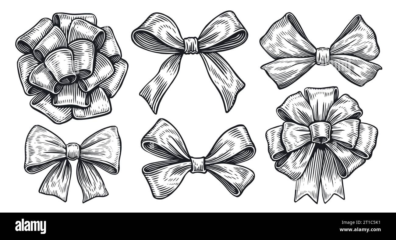 Bogenskizze. Kollektion dekorativer Weihnachtsbänder für Geburtstag, Hochzeit oder Weihnachtsfeier. Vektorabbildung Stock Vektor