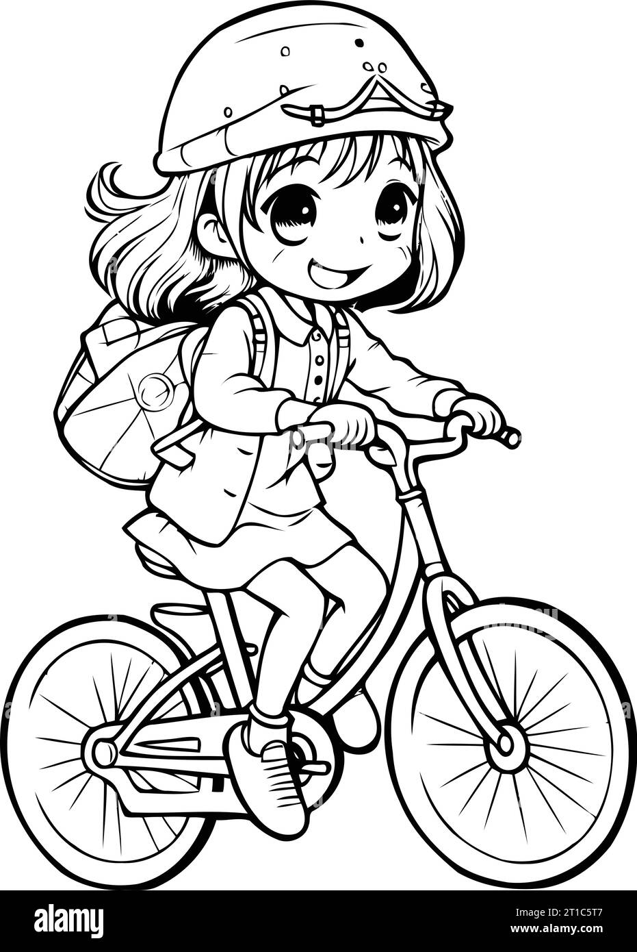 Süßes kleines Mädchen, das Fahrrad fährt. Vektorillustration für Malbuch. Stock Vektor
