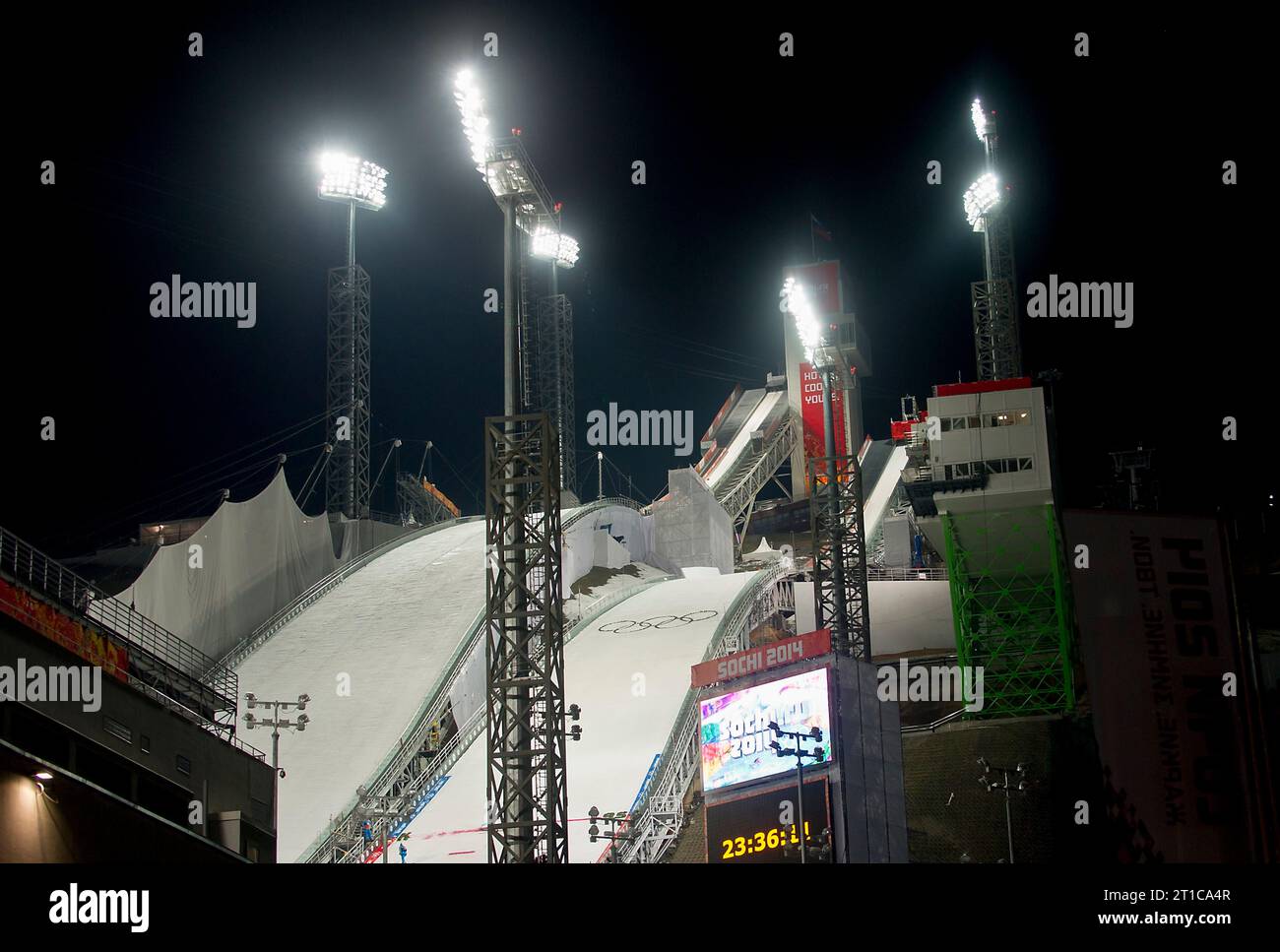 Sprungschanzen im Russki Jumping Center XXII. Olympische Winterspiele Sotschi, Russland am 11.02.2014 Stockfoto