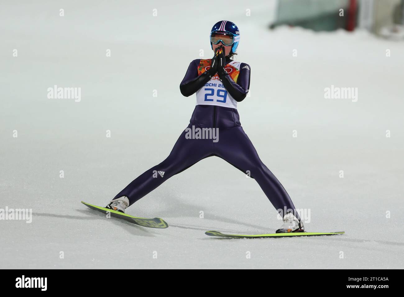 Carina Vogt Aktion Russki Jumping Center XXII. Olympische Winterspiele Sotschi, Russland am 11.02.2014 Stockfoto