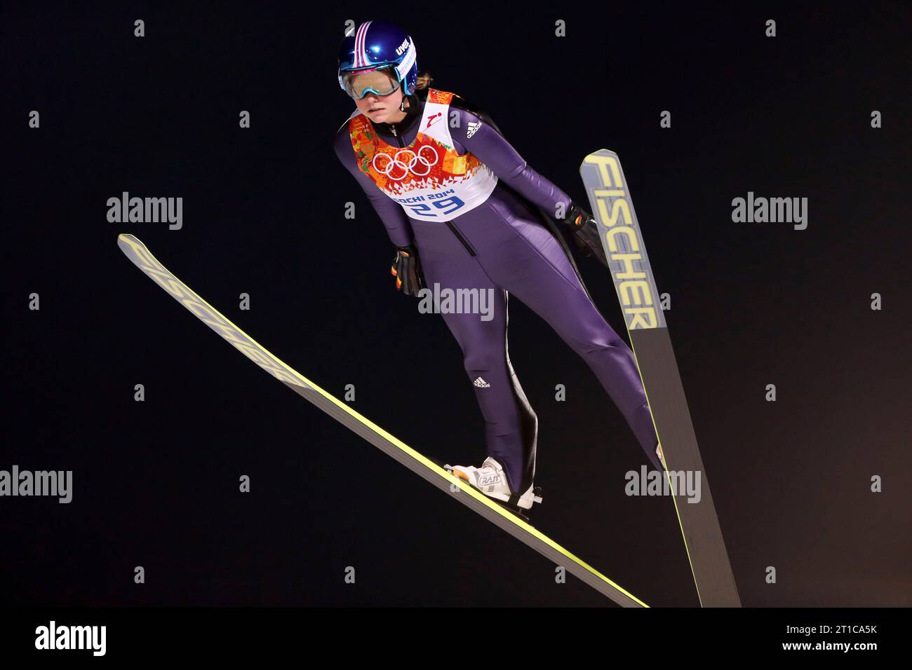 Carina Vogt Aktion Russki Jumping Center XXII. Olympische Winterspiele Sotschi, Russland am 11.02.2014 Stockfoto