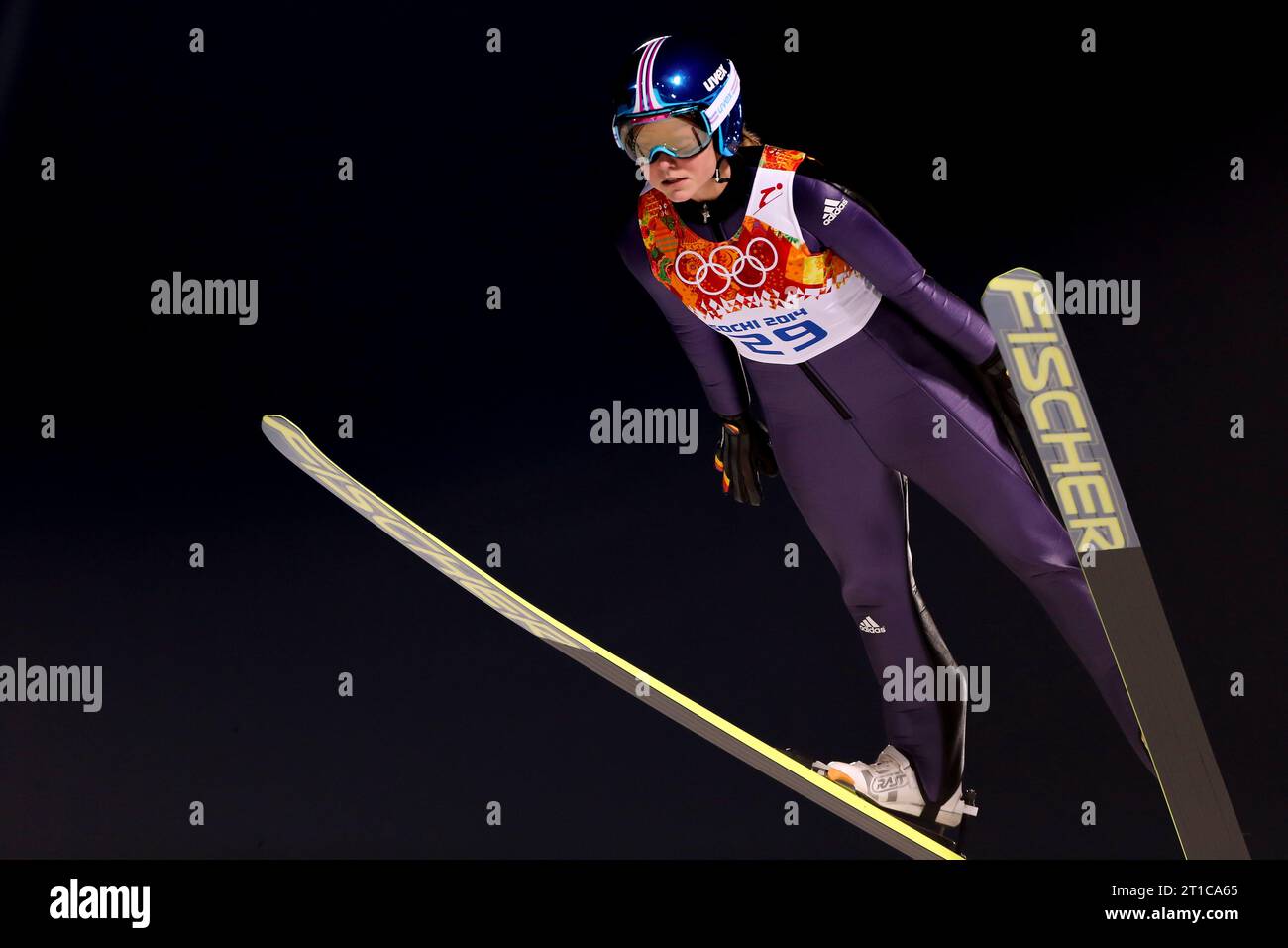 Carina Vogt Aktion Russki Jumping Center XXII. Olympische Winterspiele Sotschi, Russland am 11.02.2014 Stockfoto