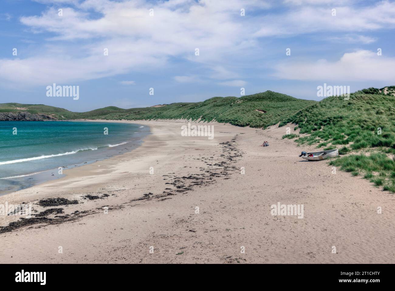 Balnakeil in Sutherland, Schottland, beherbergt eine Reihe historischer Stätten, darunter die Ruinen der Balnakeil Church und einen wunderschönen Sandstrand. Stockfoto
