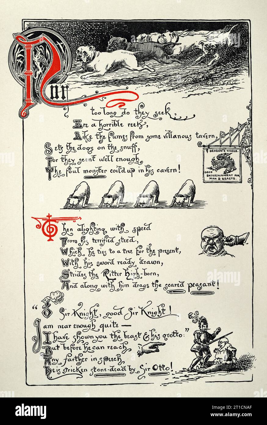 Seite aus dem Ritter und dem Drachen von Thomas Hood, Fantasy-Mythologie, Hunde, Pub-Schild, illustriert von Ernest Maurice Jessop Stockfoto