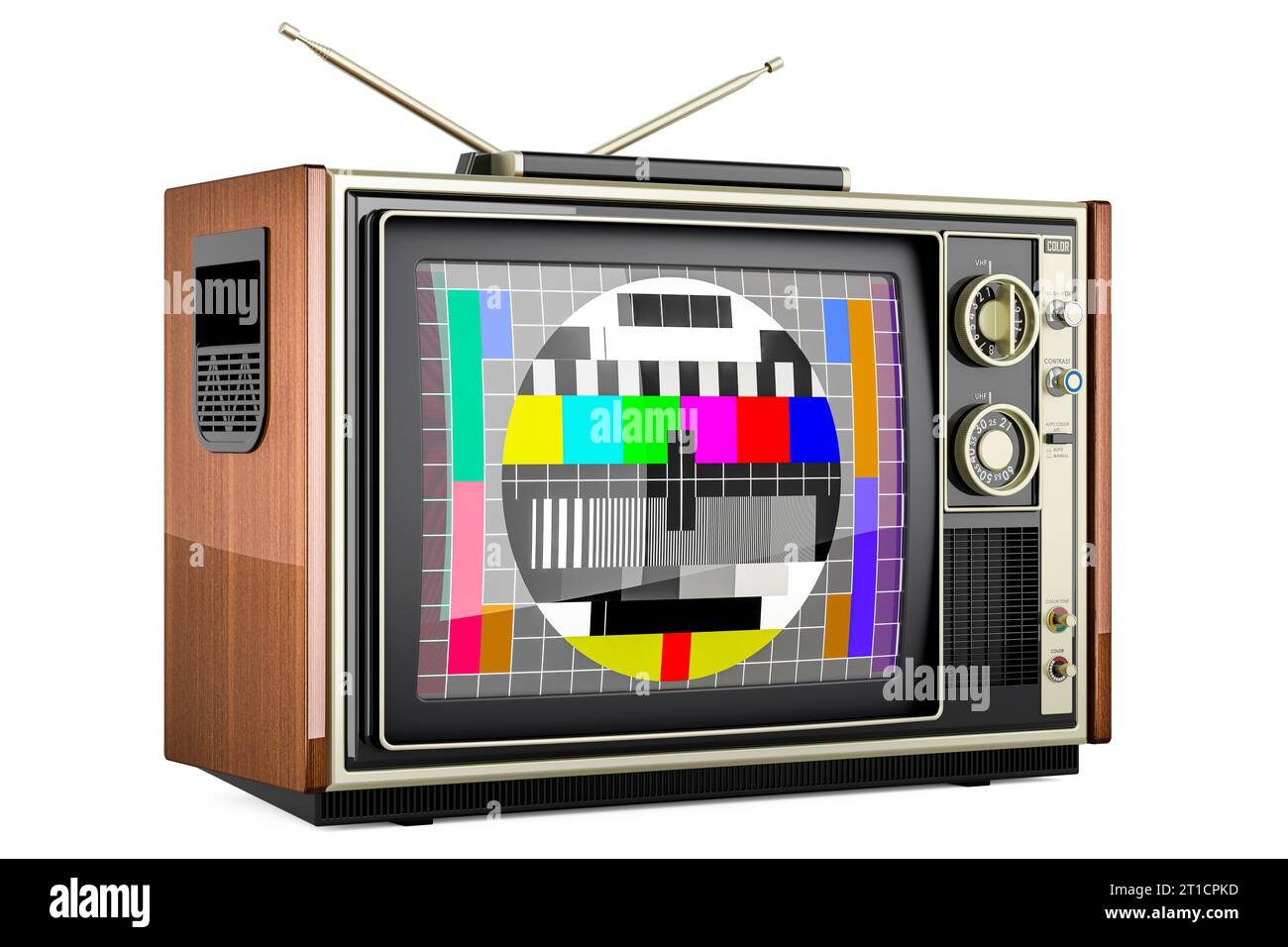 Vintage-Fernseher mit Testkarte TV, 3D-Rendering isoliert auf weißem Hintergrund Stockfoto