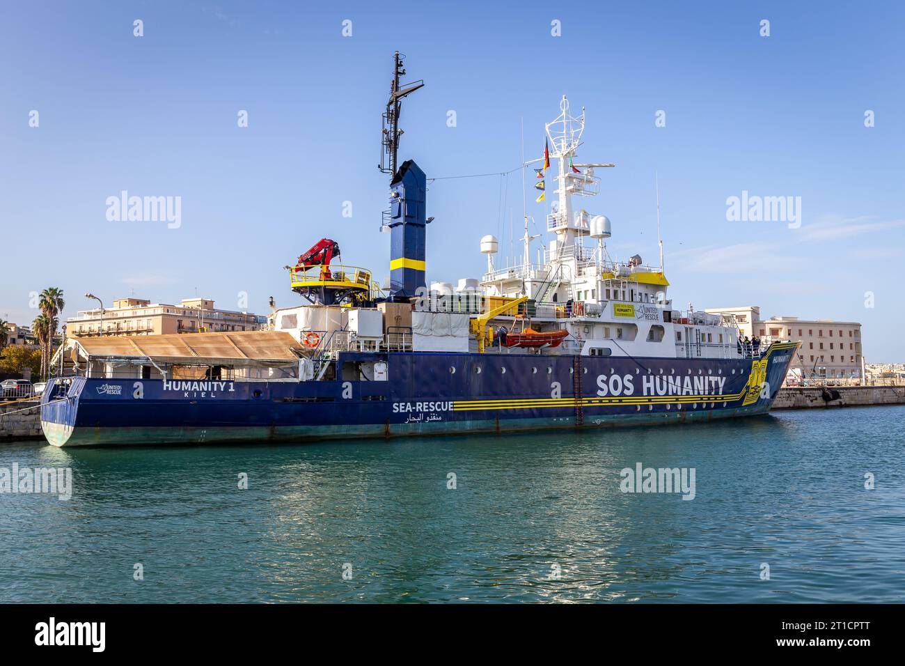 Syracuse, Sicily, Italy, 11.10.23. SOS Humanity 1 NGO organisation migrant rescue ship in the port of Syracuse. Stockfoto