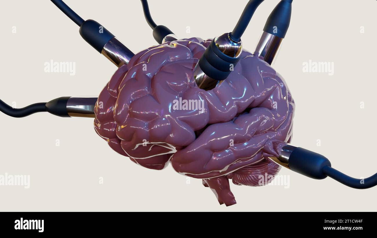 Isoliertes Gehirn mit drahtgebundenem elektronischem Upload-Tool 3D-Rendering Stockfoto