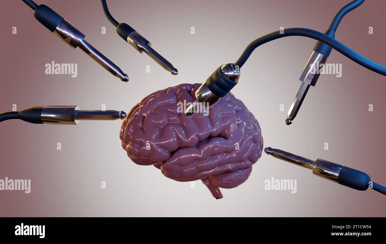 Isoliertes Gehirn mit drahtgebundenem elektronischem Upload-Tool 3D-Rendering Stockfoto