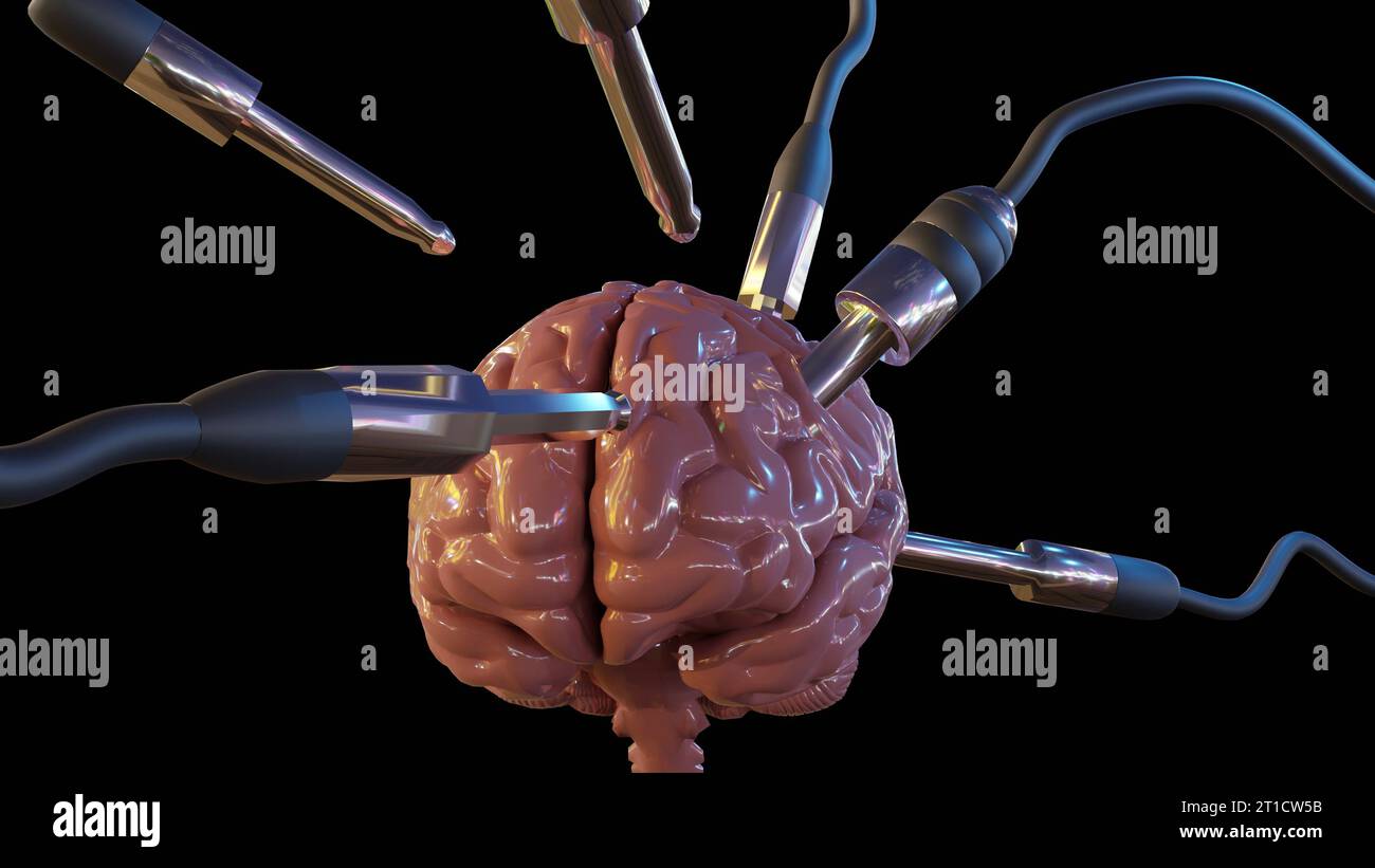 Isoliertes Gehirn mit drahtgebundenem elektronischem Upload-Tool 3D-Rendering Stockfoto