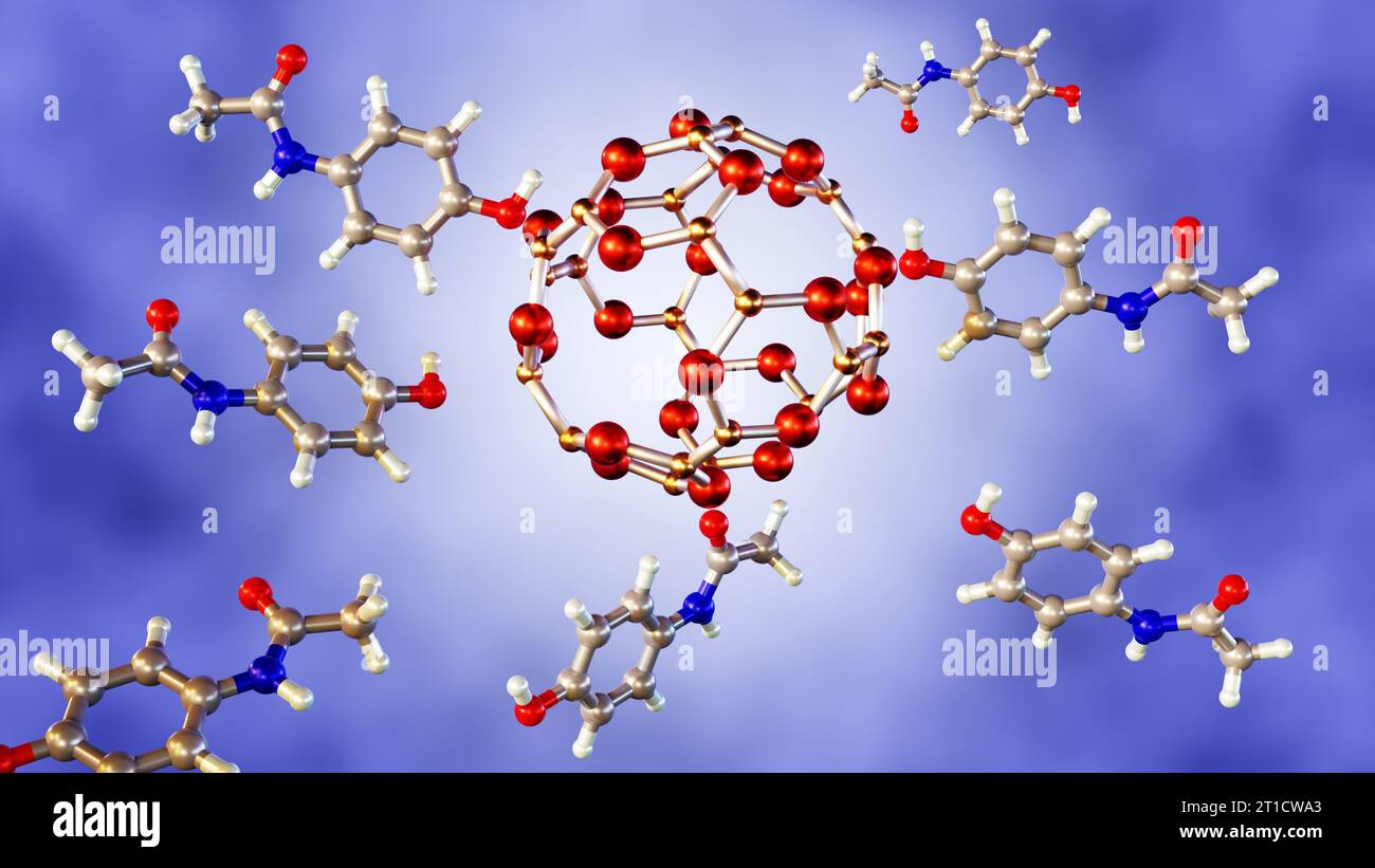 Interaktion von B24N24-Nanokäfigen mit Paracetamolmolekülen 3D-Rendering Stockfoto