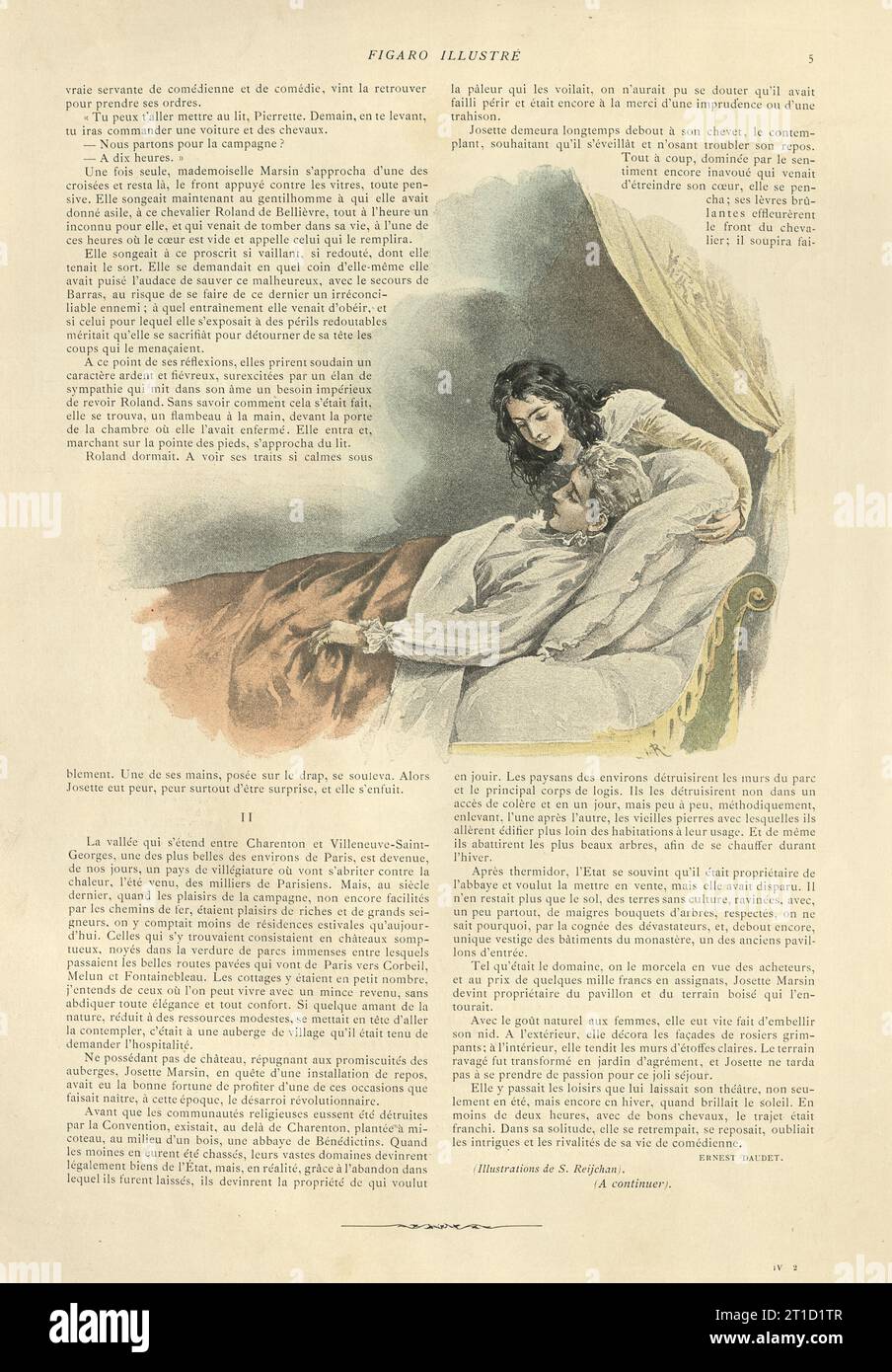 Vintage-Illustration für die Geschichte Josette Marsin von Ernest Daudet, Junge Frau, die Kissen hinter einem Mannskopf steckt, französische Romantik, 19. Jahrhundert Stockfoto