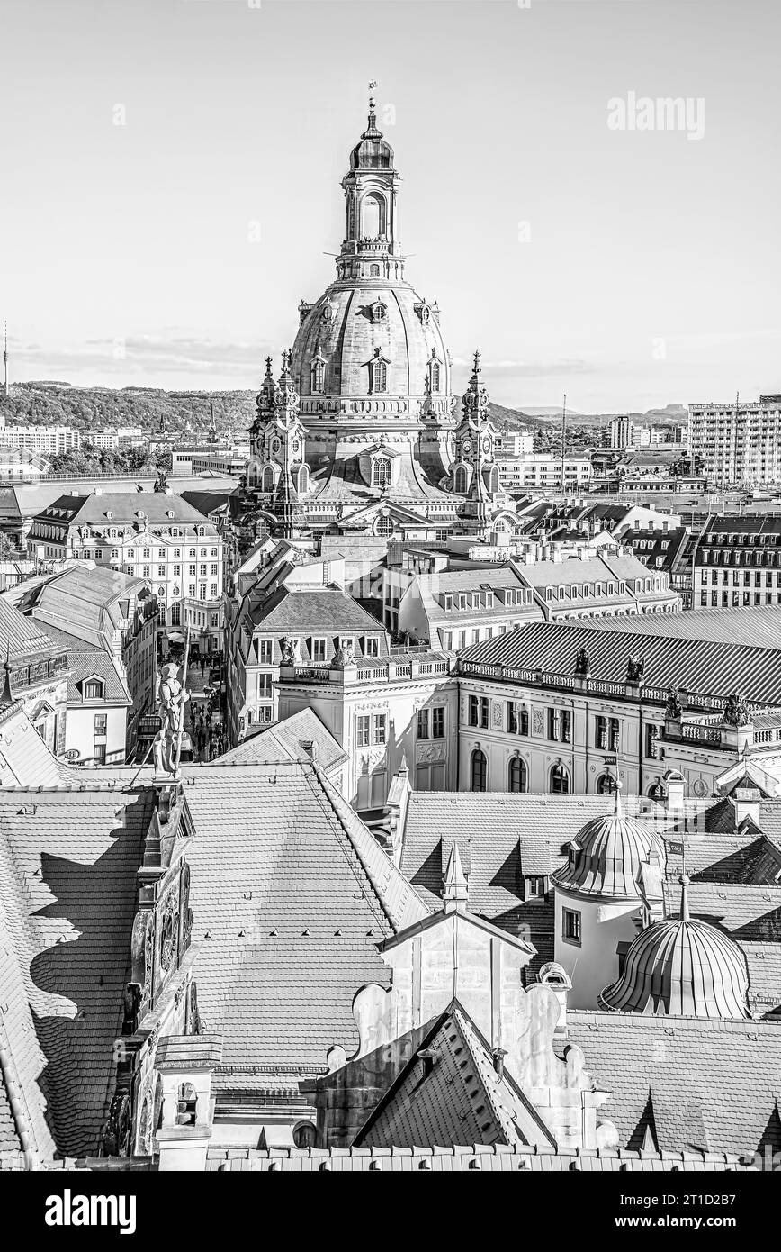 Blick von der Dachterrasse auf die Dresdner Altstadt, Sachsen, Deutschland, von der Aussichtsplattform des Dresdner Schlosses in Schwarz-weiß Stockfoto