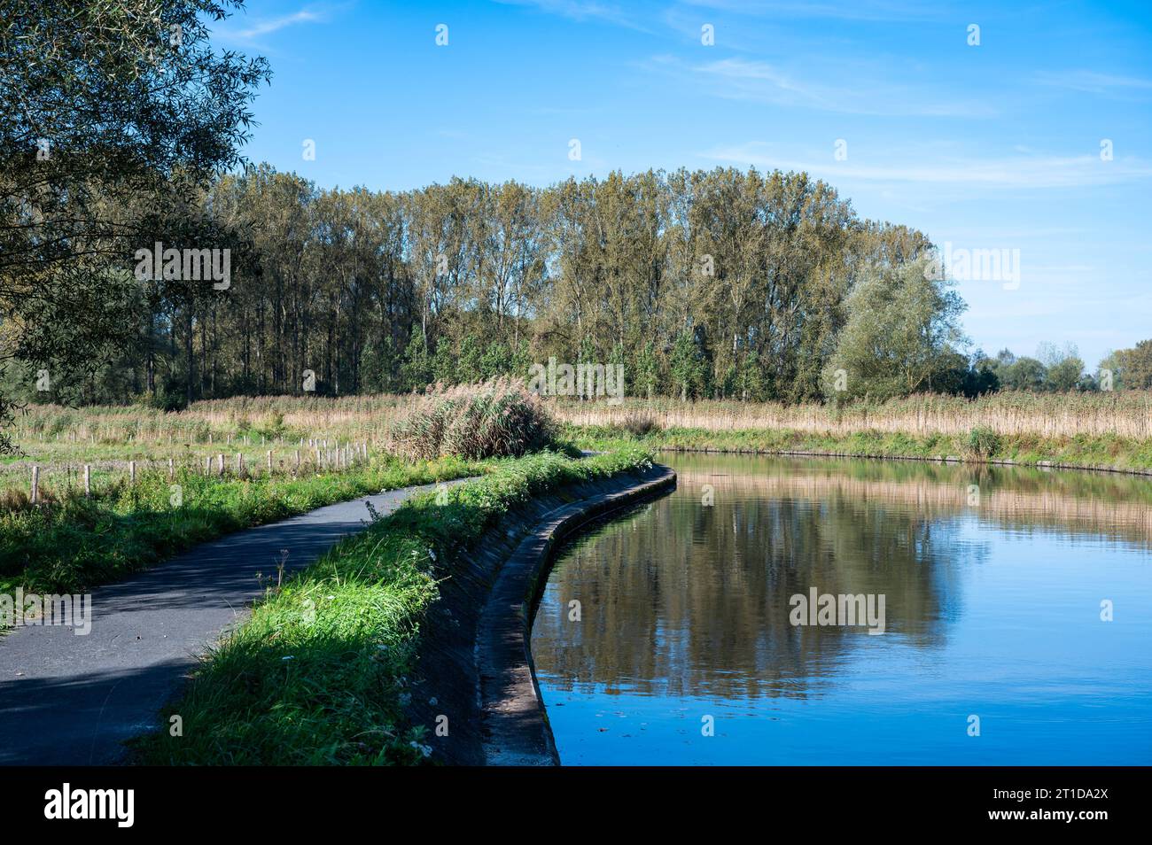 Der sich schlängelnde Fluss Dender mit einem Radweg und reflektierenden Bäumen, Denderleeuw, Ostflämische Region, Belgien Credit: Imago/Alamy Live News Stockfoto