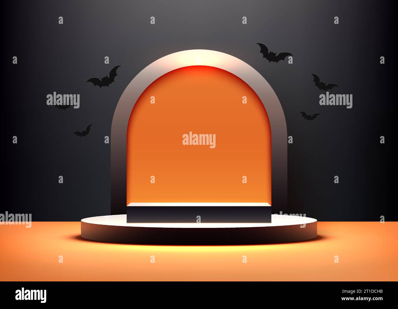 Präsentieren Sie Ihre Produkte stilvoll mit diesem realistischen 3D-Podium-Modell mit abgerundetem Hintergrund und Fledermaus in Schwarz. Perfekt für Halloween-Themen Stock Vektor
