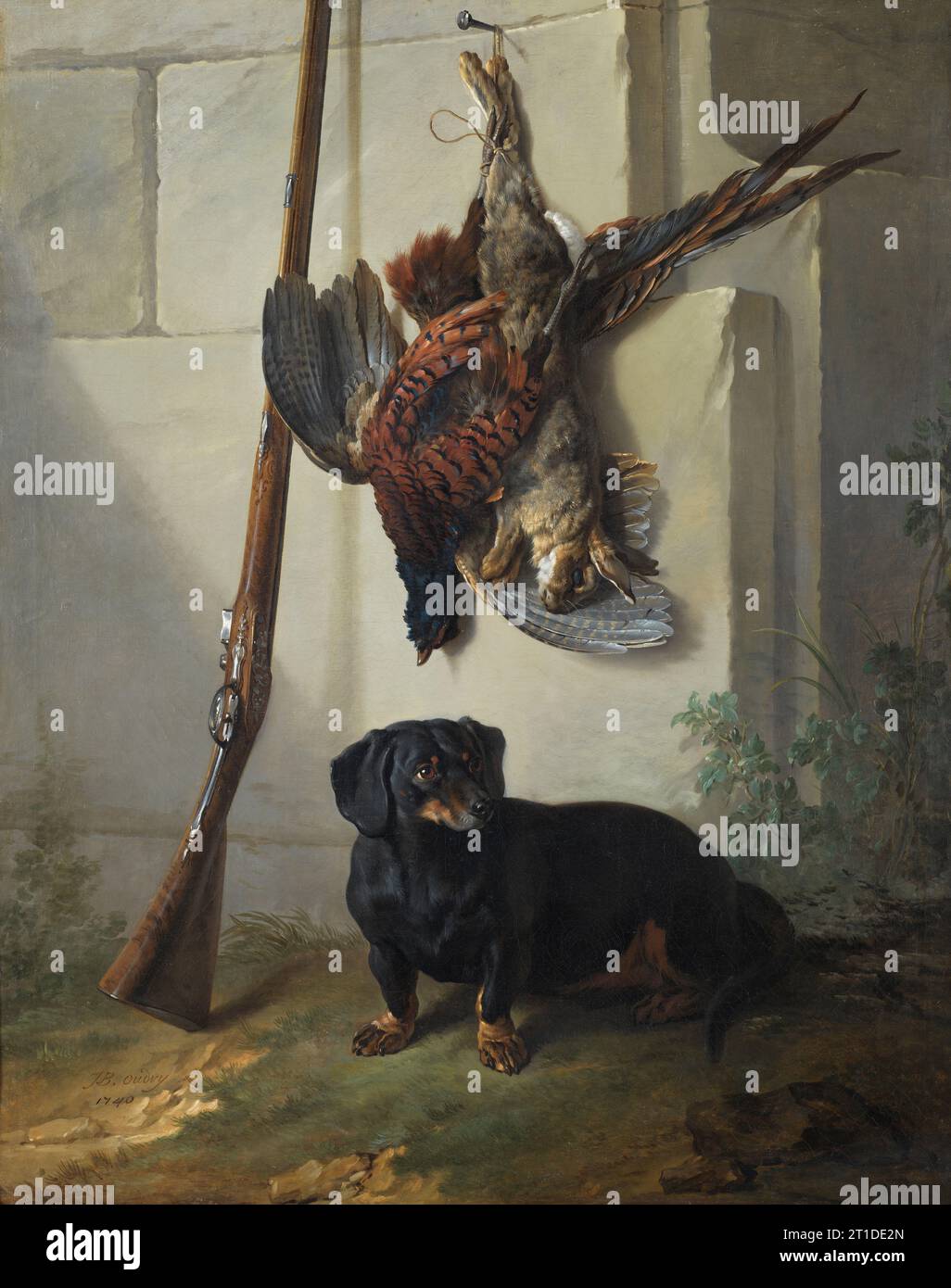 Der Dachshound Pehr mit Dead Game und Gewehr, 1740. Stockfoto
