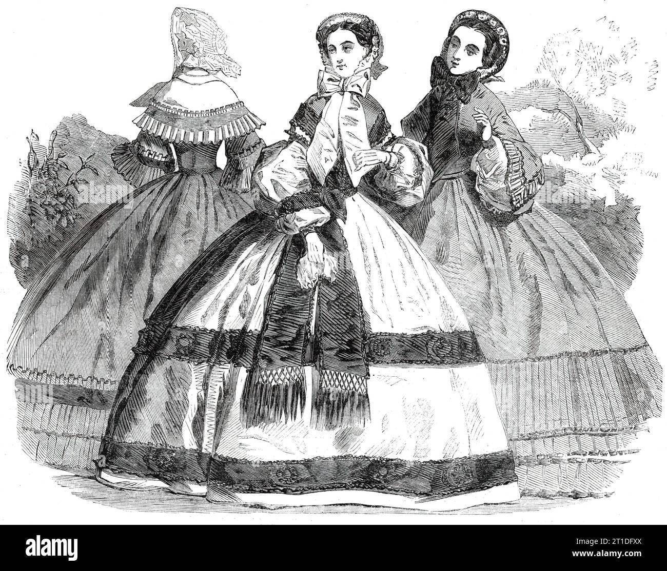 Paris Fashions für Oktober 1860. "1. Walking Dress... von hellgrünem Teint, reichlich im Rock... über den Volants gibt es eine schmale Kante, ebenfalls von Boxenflechten... die Mütze besteht aus Samt und Tüll, mit abgetrennten Blüten besäumt, und hat rund um den vorderen Rand schmale Spitze. 2. Dinner-Toilette. Schieferfarbenes Seidenkleid, der Rock mit zwei lila Bändern bespannt...[mit] Rosetten, in der Mitte jeweils ein Samtknopf... der Ärmel besteht aus einer einzigen Bouillon... Weiße Krabbenmütze, mit blondem Besatz versehen, die Tour-de-tete mit kleinen grünen Blättern verziert. 3. Wal Stockfoto