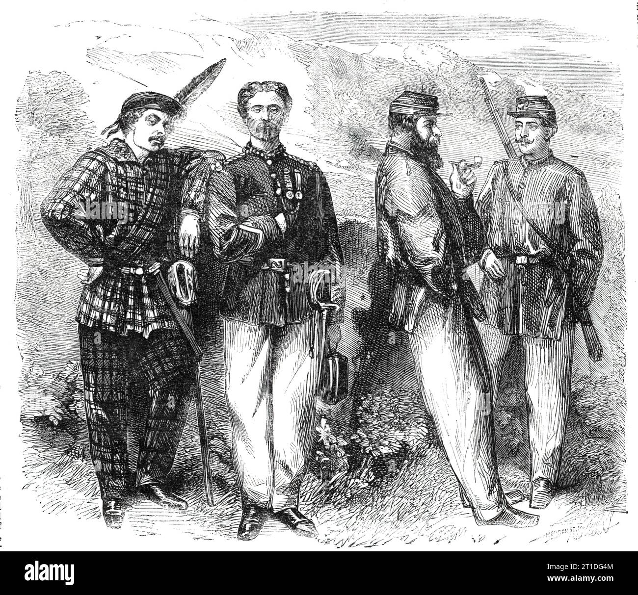 Garibaldian Volunteers - von einem Foto von Herrn Fehrenbachs, 1860. Sergeant Sparkhall, Major Styles und Lieut. Ceuto von der Glasgow Company. Major Styles... trägt die Krim-Medaille; und von seiner unaufhörlichen Energie, die Freiwilligen aufzuziehen und Garibaldi in seiner großen Sache zu helfen, wird er noch viele Jahre in Erinnerung bleiben... Eine Liebe zum Abenteuer, vielleicht auch Eine Liebe zur Freiheit, er treibt unsere Landsleute an, sich freiwillig für Garibaldi zu melden und ihre Bande und Verwandten zu Hause zu verlassen, um für die Freiheit eines fremden Volkes zu kämpfen. Letzte Woche sind nicht weniger als 800 Freiwillige... eingestiegen... Stockfoto