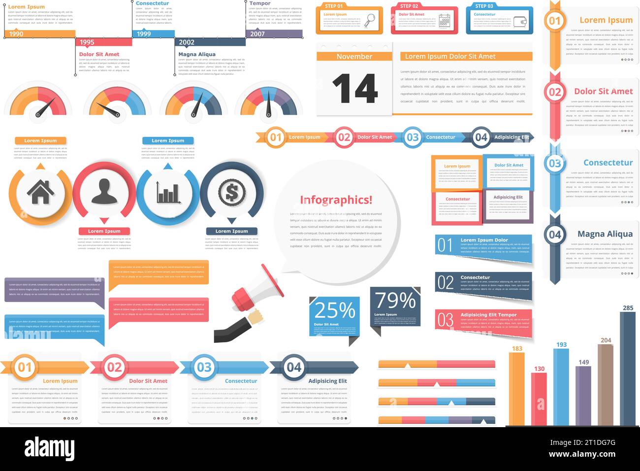 Infografik Elemente - timeline, Charts, Workflow Diagramme, Schritte, Optionen, indocators, Balkendiagramm, Vector EPS 10 Abbildung Stock Vektor