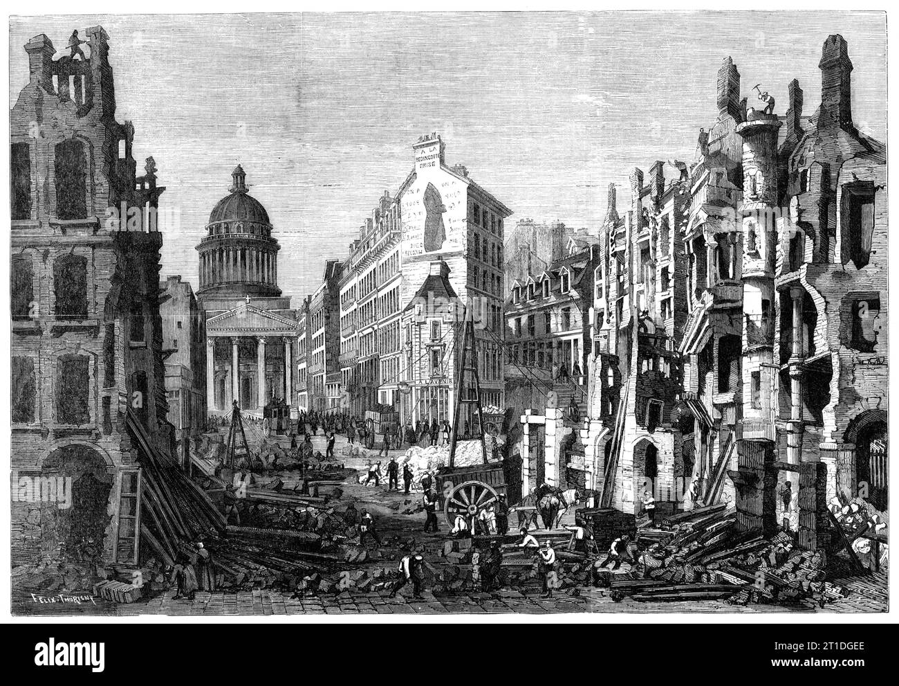 Paris Demolitions - Entfernung eines Teils des Quartier Latin - aus einer Zeichnung von M. Thorigny, 1860. "Das Viertel, das jetzt zerstört wird, wird für zwei Zwecke abgerissen: Die Verlängerung des Boulevards von Sebastopol und die Erweiterung der Rue Soufflot, um die Kirche des Pantheons zu lösen [im Hintergrund gesehen], und erleichtern Sie den Blick auf den anmutigen Peristil von weitem... die d&#xe9;Trümmer werden mit großer Schnelligkeit weggetragen... damit die Verkehrsbehinderung so kurz wie möglich ist... die Straßen, die dem Luxemburg am nächsten liegen, vor dem Pantheon, waren von Stockfoto