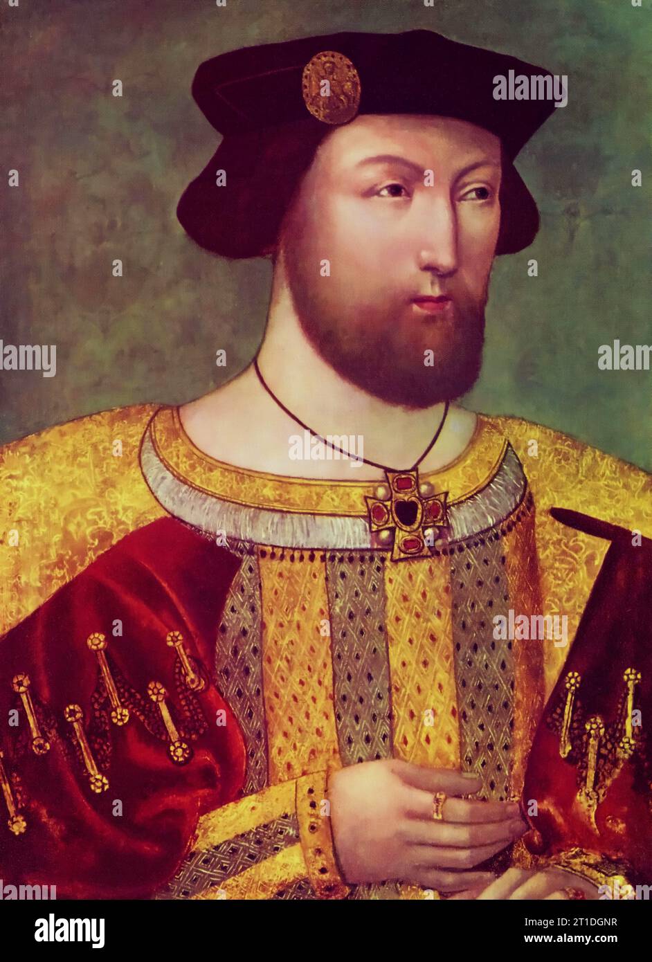 König Heinrich VIII. (1491–1547), um 1519. Heinrich VIII. In einer goldenen Jacke über einem roten Samttuch. Dies ist der früheste Porträttyp von Heinrich VIII. Und datiert fast zwanzig Jahre vor dem berühmten Holbein-Muster. Es wurde wahrscheinlich als Heinrich VIII. Achtundzwanzig Jahre alt gemalt. Stockfoto