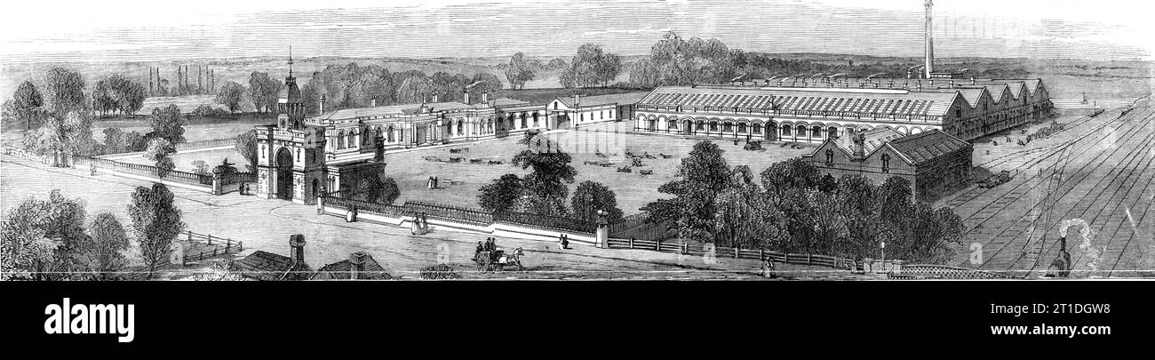 Das Britannia Ironworks in Bedford, 1860. Eine gigantische Pflugmanufaktur, die im Besitz von James und Frederick Howard ist. Die Gesamtzahl der Arbeitsgeräte, die in Britannia in einem Jahr entstanden sind, beträgt zwischen zehn und zwölftausend. Dieser weitläufige und schön geplante Gebäudeblock, entworfen von Mr. Robert Palgrave aus der Pall-Mall, nimmt einen sehr günstigen Platz ein. Im Norden verläuft das Gelände bis zur Ouse - einem Fluss, der zu den Häfen Wisbeach und Lynn schiffbar ist...die Strecke der Midland Railway kommt dicht unter der großen Pflugmanufaktur, während die London und North Western Stockfoto