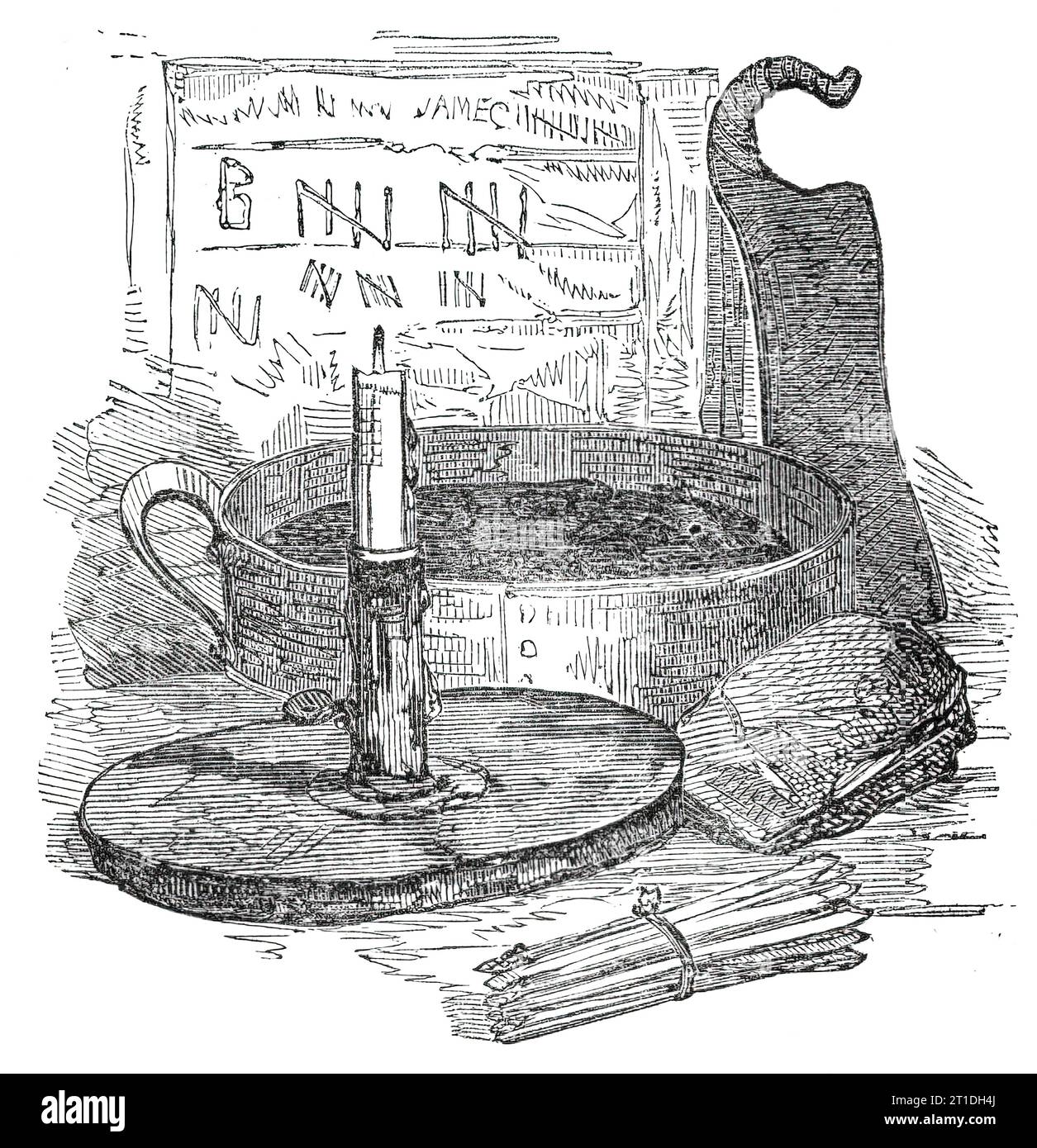 Der Zunder-Kasten mit seinen et ceteras, 1860. "Die Schwefel-Streichhölzer, die Zünder-Box, der Feuerstein und der Stahl... gehören jetzt zu den Angelegenheiten der Vergangenheit, und so haben die Luzifer sie vollständig ersetzt, dass der Feuerapparat, der... und war schon seit Jahrhunderten so üblich in jeder Wohnung im ganzen Land, fast so selten wie das "Hornbook" des Schuljungen... großartig wie die Vorteile, die sich aus der Einführung von luzifer-Matches ergeben haben, es ist nicht ganz ohne Übel. In den großen Manufakturen, in denen sie hergestellt werden, sind die Kinder und andere Arbeiter Stockfoto