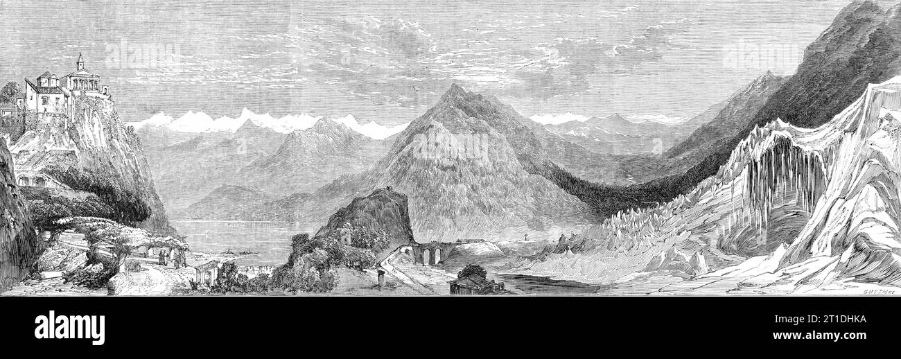 Das Stereorama in den Gärten von Cremorne - Panorama der Route nach Italien, über die St. Gothard Pass, 1860. „Madonna del Sasso; Magadino am Lago Maggiore; Dorf Airolo; Schneehöhle nahe der Teufelsbrücke“. Panoramablick '...öffnet sich mit der edlen aussicht auf den Lago Maggiore, und... endet bei der großen klösterlichen Gruppe der Madonna del Sasso, befindet sich auf einer befehlenden felsigen Eminenz...[entworfen von den 'eminenten Künstlern' Trauer und Telbin, ist]... ein Versuch, die eigentümlichen Effekte der stereoskopischen Gläser zu vollenden, und mehr zum Teil Stockfoto