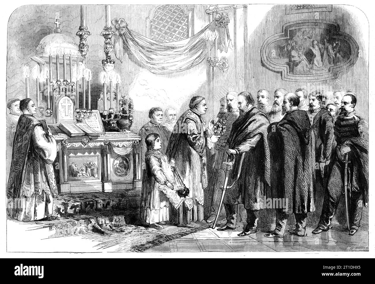 Die Revolution in Neapel - Garibaldi am Heiligtum der Jungfrau von Piedigrotta am 8. September - nach einem Entwurf von T. Nast, 1860. "Am Tag nach Garibaldis Einzug in Neapel fand das große fest der Piedigrotta statt... diese Festa wurde ursprünglich hundertundzwanzig Jahre später von Karlo III. Gegründet, um der Vertreibung der Österreicher aus seinem Herrschaftsgebiet zu gedenken. Bei der heutigen Gelegenheit wurde es durch eine außerordentliche Kombination von Umständen am Tag nach dem Eintritt des Diktators und der Flucht des letzten der Austro-Bourbon-Dynastie gehalten. Die Neapolitaner sind es Stockfoto