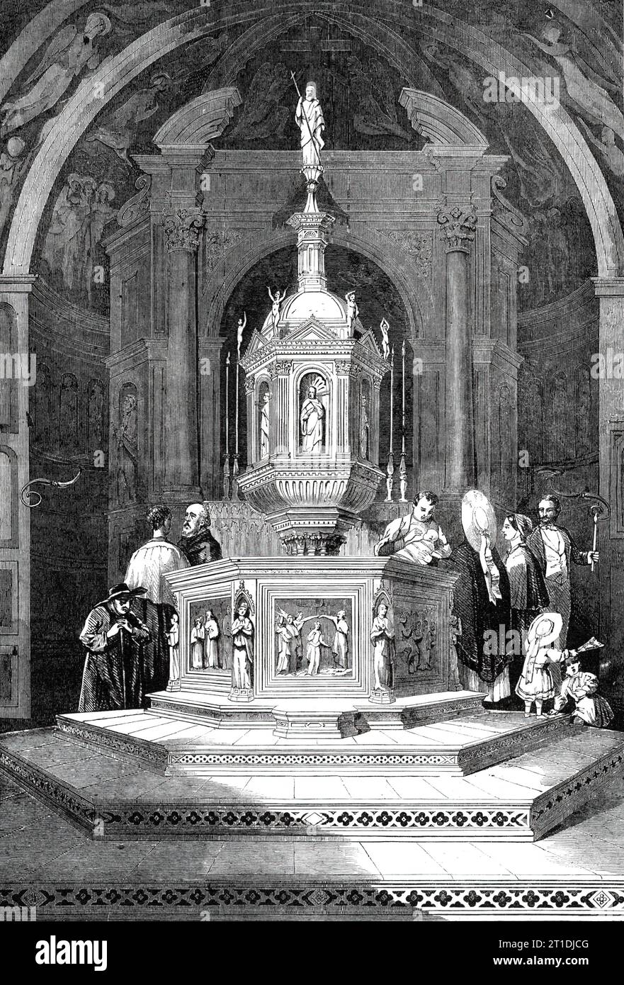 Die Schriftart im Baptisterium der Kathedrale von Sienna, [Italien], 1860. Blick auf das schöne Marmorbecken in diesem Baptisterium, kopiert mit Erlaubnis von einem herrlichen und interessanten Band: "Beispiele von Glasmalerei, Marmor und Emaille-Inlay, und Wood Inlay" von J. B. Waring, gedruckt in Lithografie und in Farben von Vincent Brooks... der Name des Designers der schönen Marmortafel des Baptisteriums von Sienna wird uns nicht übergeben. aber es muss ein Werk aus der frühen Hälfte des 15. Jahrhunderts sein, denn 1417 lesen wir von einem Vertrag zwischen Lorenzo Bartholi (Ghiberti), gol Stockfoto